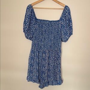 Blue and White Floral Romper with Square Neck